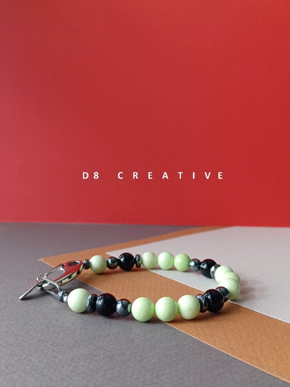 New men's lemon  chrysoprase with onyx and hematite stainless steel  bracelet